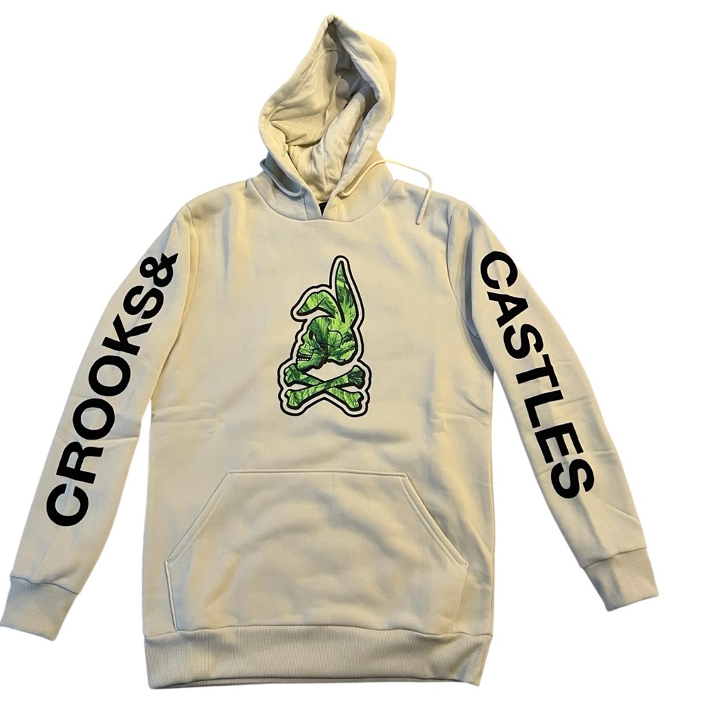 Crooks & Castles Skullbunny Cream Hoodie with Green Herb Design